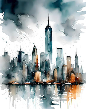 Abstract city skyline canvas art with watercolor textures and muted greys on premium canvas