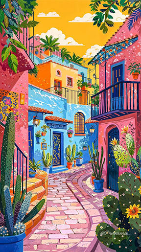Colorful Mediterranean street canvas art with vibrant houses and tropical plants on premium canvas