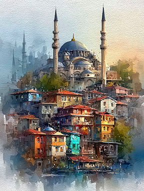 Istanbul Mosque cityscape watercolor canvas art with colorful hillside houses