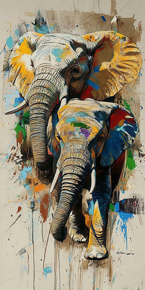 Colorful elephant abstract canvas art with vibrant brush strokes on premium canvas in MDF frame