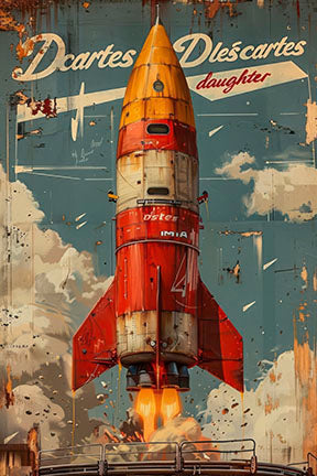 Vintage rocket poster canvas art with retro rocket launch design in warm reds and aged blues