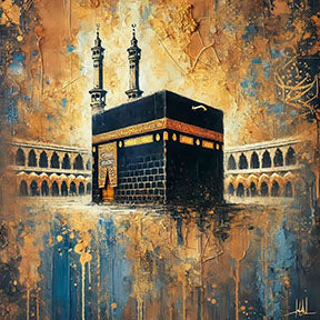 Kaaba Sacred Art canvas wall art with rich gold and blue textures on premium canvas