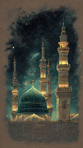 Prophet's Mosque canvas art with green dome and illuminated minarets in deep night tones and golden highlights