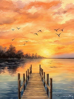 Golden Horizon Pier sunset canvas with wooden pier and tranquil waters in golden amber tones