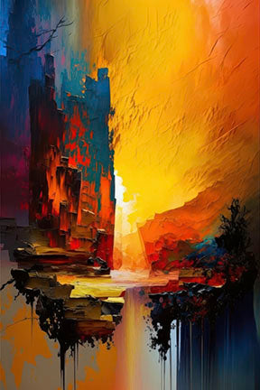 Abstract sunset reflection canvas artwork with warm tones and deep textures on premium material