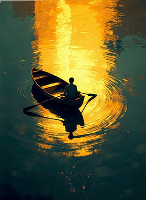 Golden Solitude Canvas artwork of lone rower on calm golden waters in MDF frame