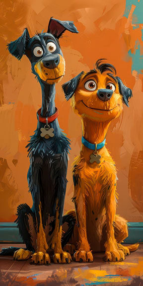 Playful Dog Duo canvas artwork with two expressive dogs in warm tones on premium MDF frame