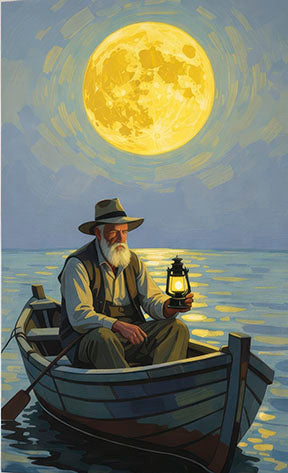 Moonlit fisherman canvas artwork of old fisherman with lantern under full moon over calm water