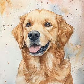 Golden Retriever portrait on soft watercolor canvas with MDF frame and glass front panel