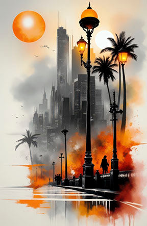 Urban Sunset Boulevard canvas artwork with city street lamps at sunset in warm orange tones