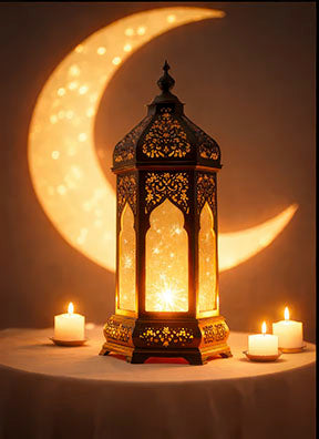 Golden Ramadan Lantern canvas artwork with illuminated traditional lantern and glowing crescent moon in warm golden tones
