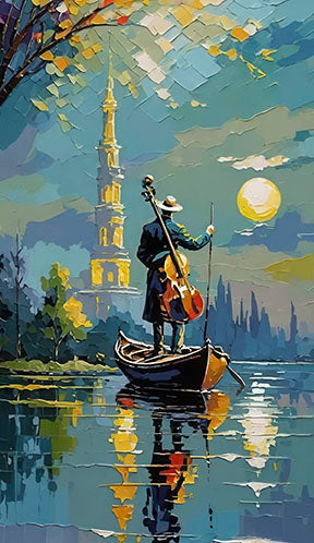 Moonlit Musician Canvas showing lone musician on boat under glowing moon in deep blue tones