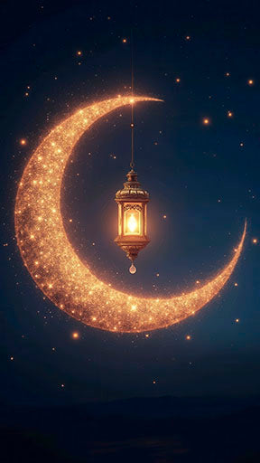 Celestial Crescent Lantern canvas artwork with glowing golden crescent moon and elegant hanging lantern on premium canvas