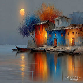 Colorful riverside houses canvas artwork with warm tones and moonlit water reflections