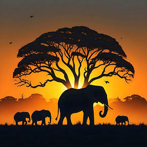 African Sunset Elephants Canvas showing elephant family silhouette against glowing sunset and acacia tree