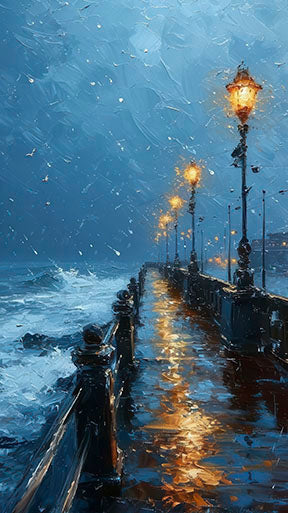 Rainy Pier Lights canvas artwork with glowing street lamps on rain-soaked pier in deep blue tones