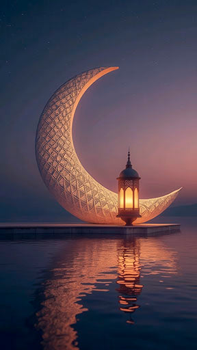 Elegant Crescent Lantern Canvas with glowing crescent moon, traditional lantern, and calm reflective water in MDF frame.