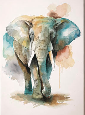 Watercolor elephant portrait on premium canvas with MDF frame and glass front panel in soft earthy and blue tones