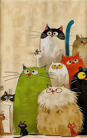 Colorful cartoon playful cats canvas artwork with expressive faces in MDF frame