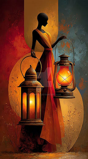 Elegant female silhouette holding glowing lanterns on warm-toned canvas with MDF frame and glass front.