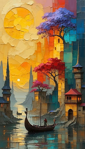 Golden City Voyage Canvas showing golden sky cityscape with boat on reflective water