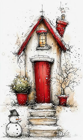 Cozy red cottage canvas artwork with winter details and warm hand-painted textures