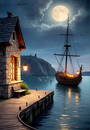 Moonlit Harbor Canvas showing a serene harbor with wooden pier, full moon, lantern lights, and sailing boat on calm water