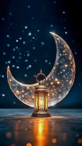 Luminous crescent moon embracing ornate lantern glowing with warm golden light on canvas artwork