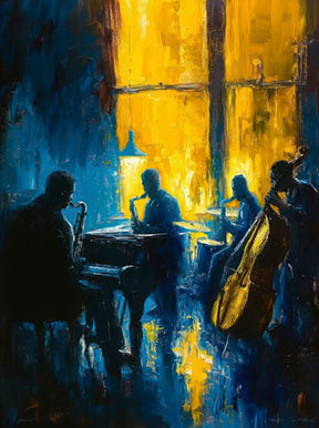 Midnight Jazz Ensemble Canvas featuring jazz musicians under warm golden light with deep blue tones and expressive brushstrokes