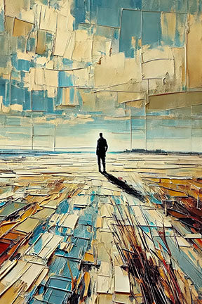 Endless Horizon Canvas abstract artwork of solitary figure on textured landscape with earthy blues and golden tones