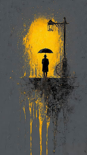 Golden Rain Silhouette abstract canvas with lone figure and glowing umbrella in yellow and dark tones