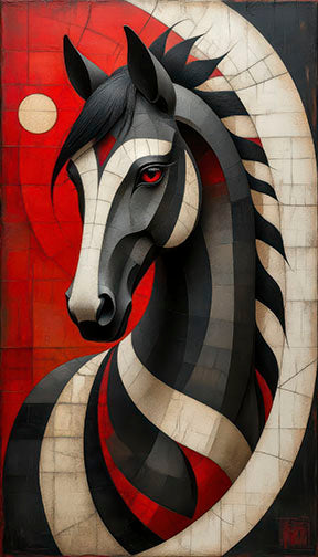 Bold horse portrait artwork on geometric canvas with red, black, and ivory tones