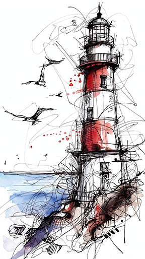 Sketch lighthouse canvas artwork with red and white lighthouse in ink and watercolor on MDF frame