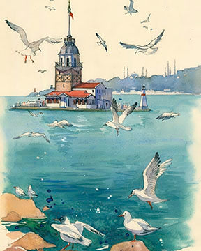 Seagulls flying around a historic lighthouse on a serene coastal watercolor canvas with MDF frame and glass front panel