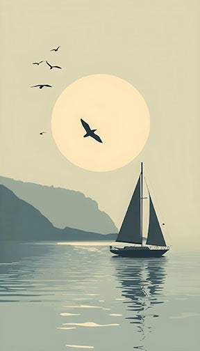 Silent Horizon Sail Canvas depicting a minimalist sailboat on calm waters with glowing sun and mountains