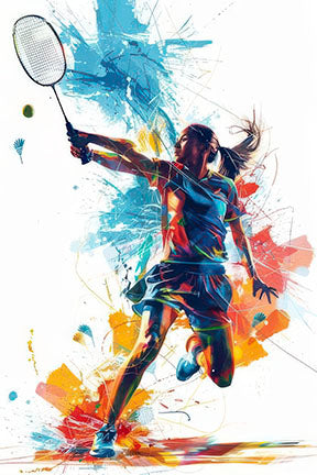 Dynamic badminton athlete in motion with vibrant abstract splashes on modern canvas artwork