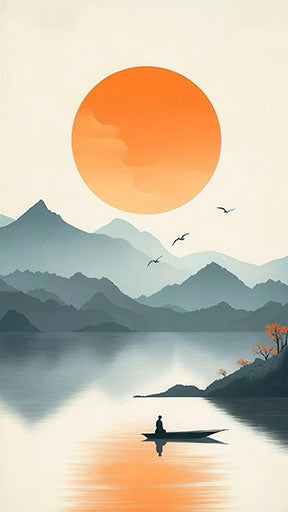 Golden Stillness Lake Canvas with calm waters, layered mountains, and glowing golden sun reflection on lake