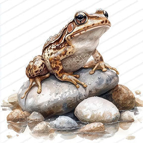 Watercolor frog on stones canvas artwork with soft neutral tones and realistic details
