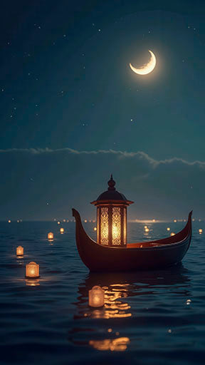 Moonlit Lantern Voyage canvas artwork of glowing lantern boat on calm water under crescent moon with MDF frame and glass front