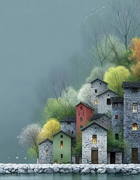 Quiet hillside village with stone houses and misty trees on canvas art