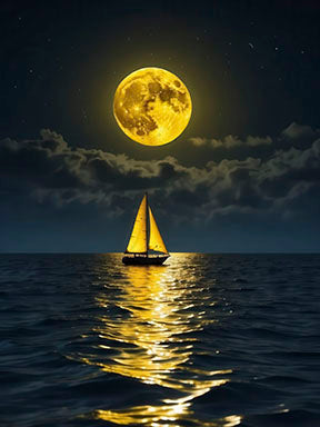 Moonlit sailboat gliding on ocean under golden full moon canvas wall art