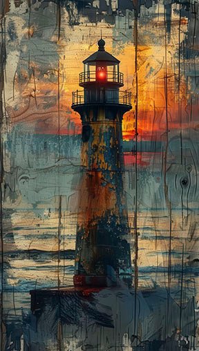 Rustic Beacon Sunset Canvas featuring lighthouse against textured sunset sky with warm coastal tones