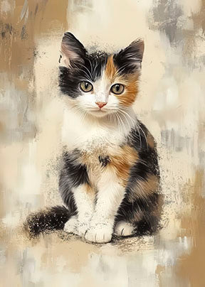 Calico kitten portrait canvas with expressive eyes and warm neutral tones in MDF frame