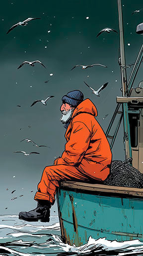 Solitary fisherman canvas artwork showing a lone fisherman on a boat under seabirds in a coastal setting