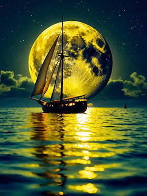 Golden Moon Sail Canvas artwork featuring a luminous sailboat on golden waters under a radiant full moon
