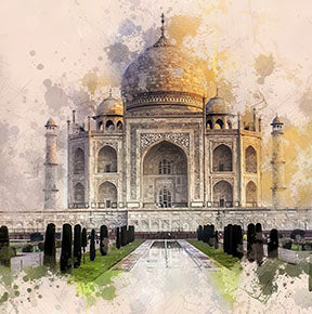 Elegant Taj Mahal watercolor canvas artwork with soft details and vibrant colors on premium canvas