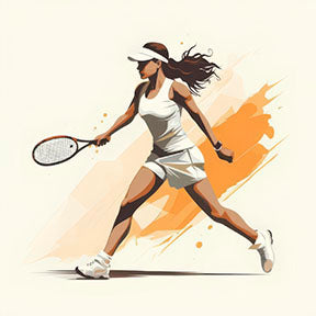 Graceful tennis motion of a female athlete in white with orange brush strokes on premium canvas