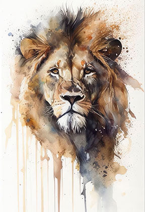 Watercolor style majestic lion canvas with bold expression in MDF frame and glass front panel