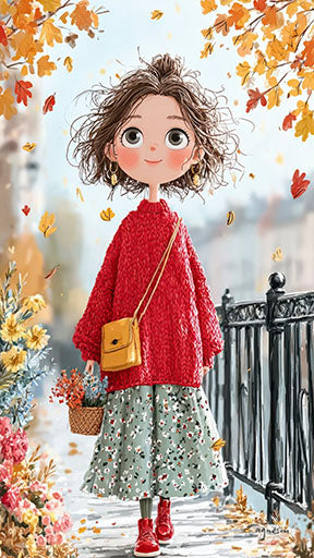 Whimsical autumn girl illustration on premium canvas with MDF frame and glass front panel