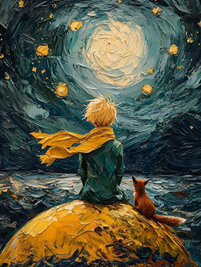 Little Prince Canvas featuring boy and fox under stars on premium water-resistant canvas with MDF frame and glass front